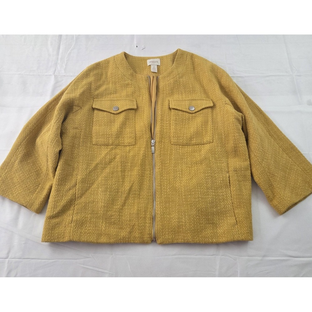 Chico's Jacket Womens 2 (XL) Mustard Yellow Zip Lagenlook Coastal Grandmother